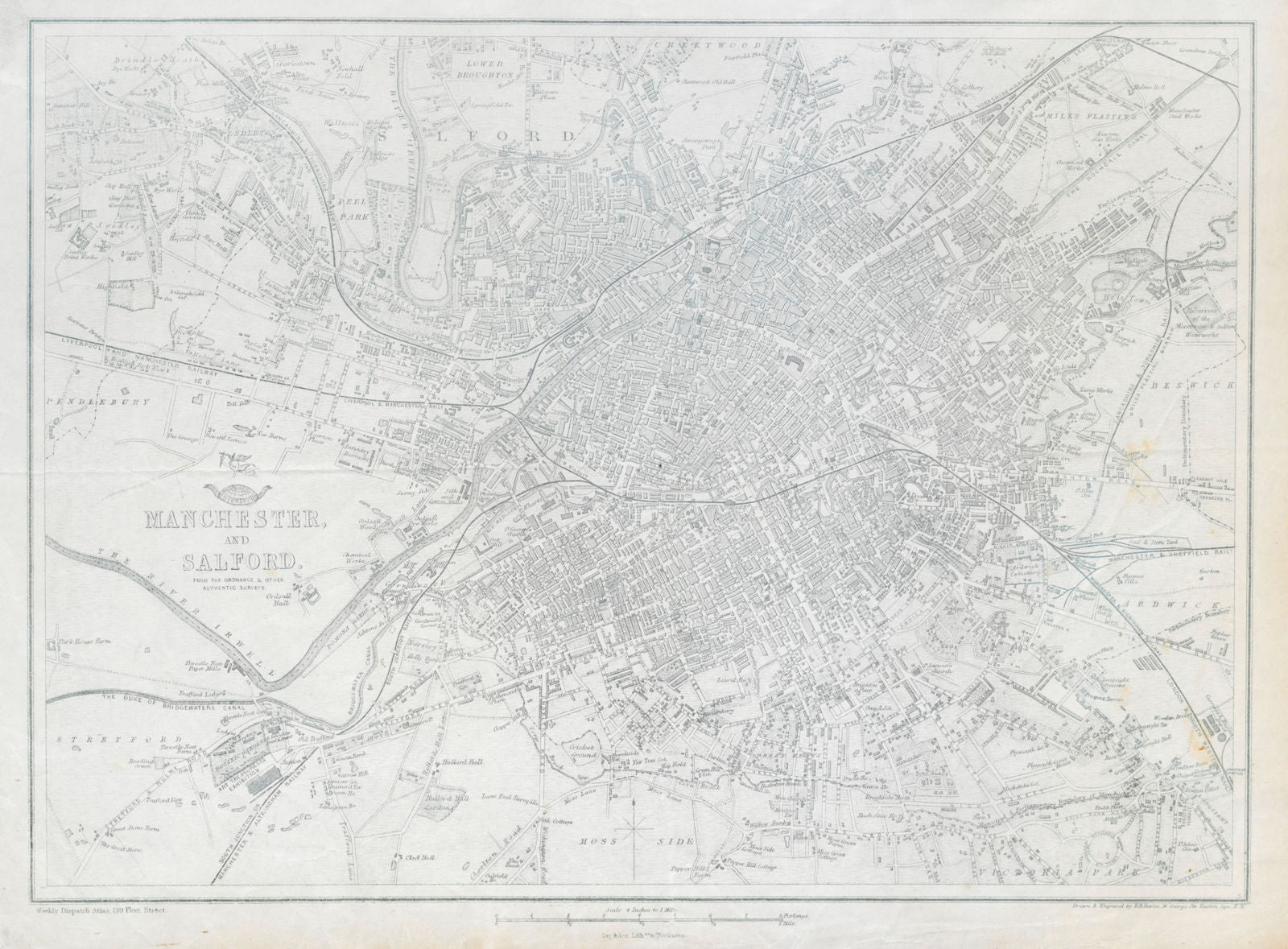MANCHESTER & SALFORD. Large town/city plan by BR DAVIES.Dispatch Atlas 1862 map